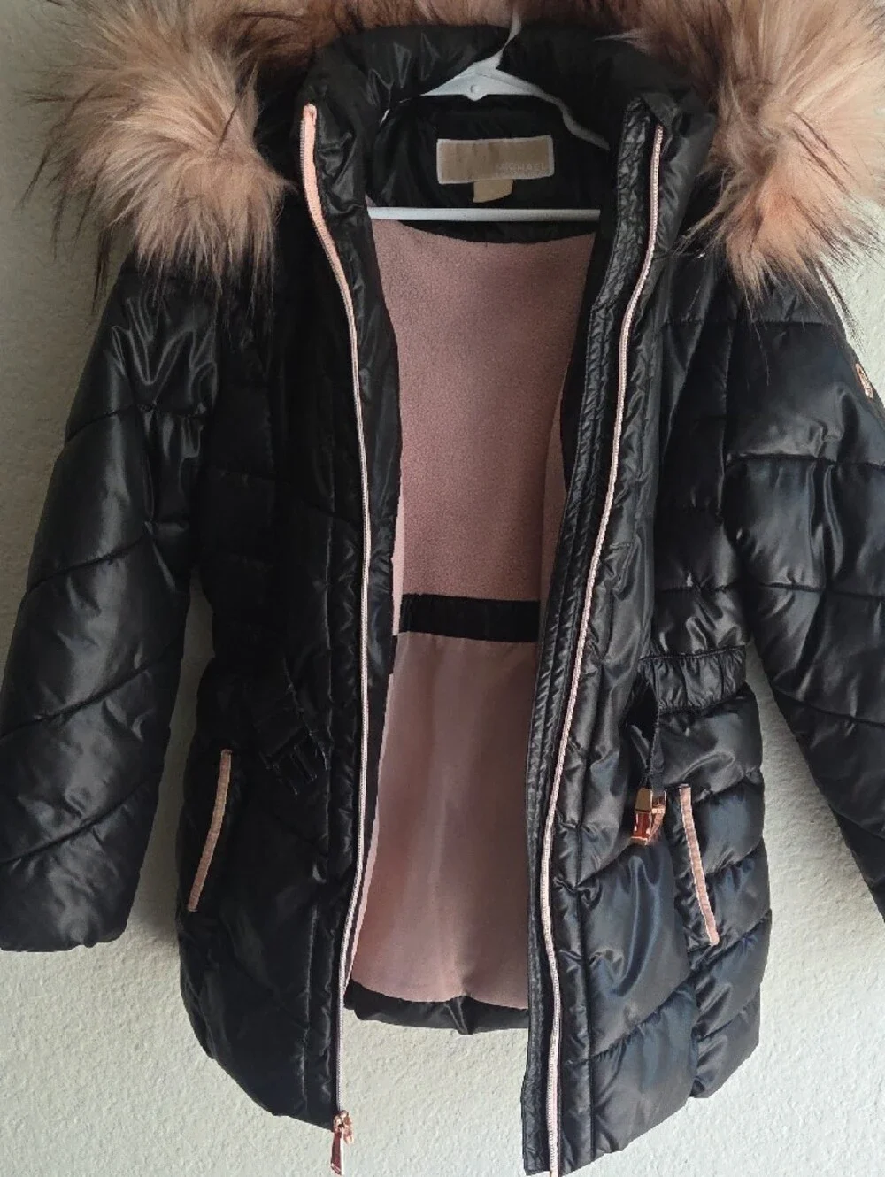 Michael Kors Black Puffer Coat with Pink Faux-Fur Hood Trim